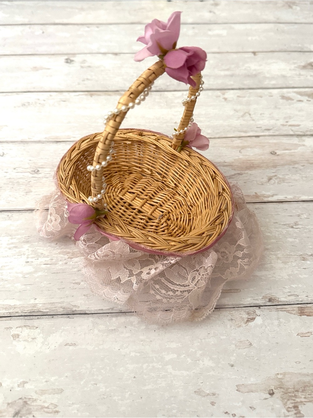 Flower Girl Wedding Basket Wicker with Flowers & Faux Pearls & Lace 8x6x8in